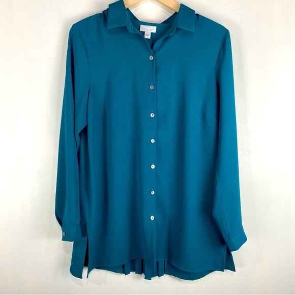 J. Jill Pleated Back Longline Flowy Button Up Down Blouse Shirt Turquoise Small - Picture 1 of 5